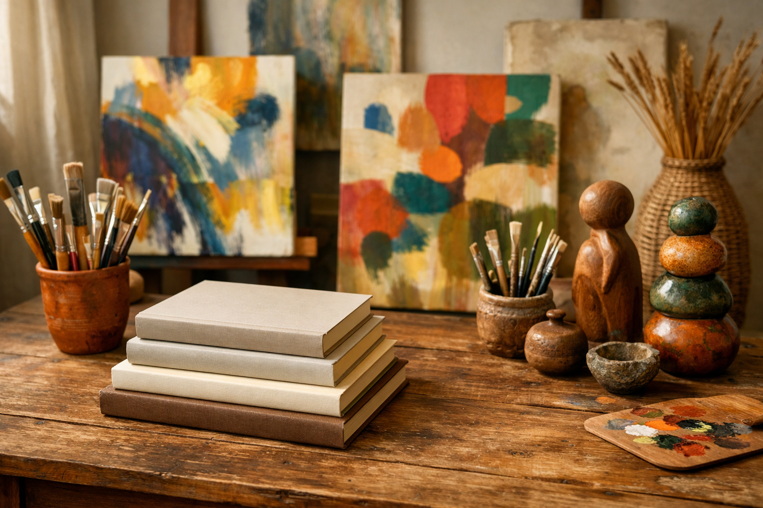 Livros e materiais artísticos em um ateliê brasileiro