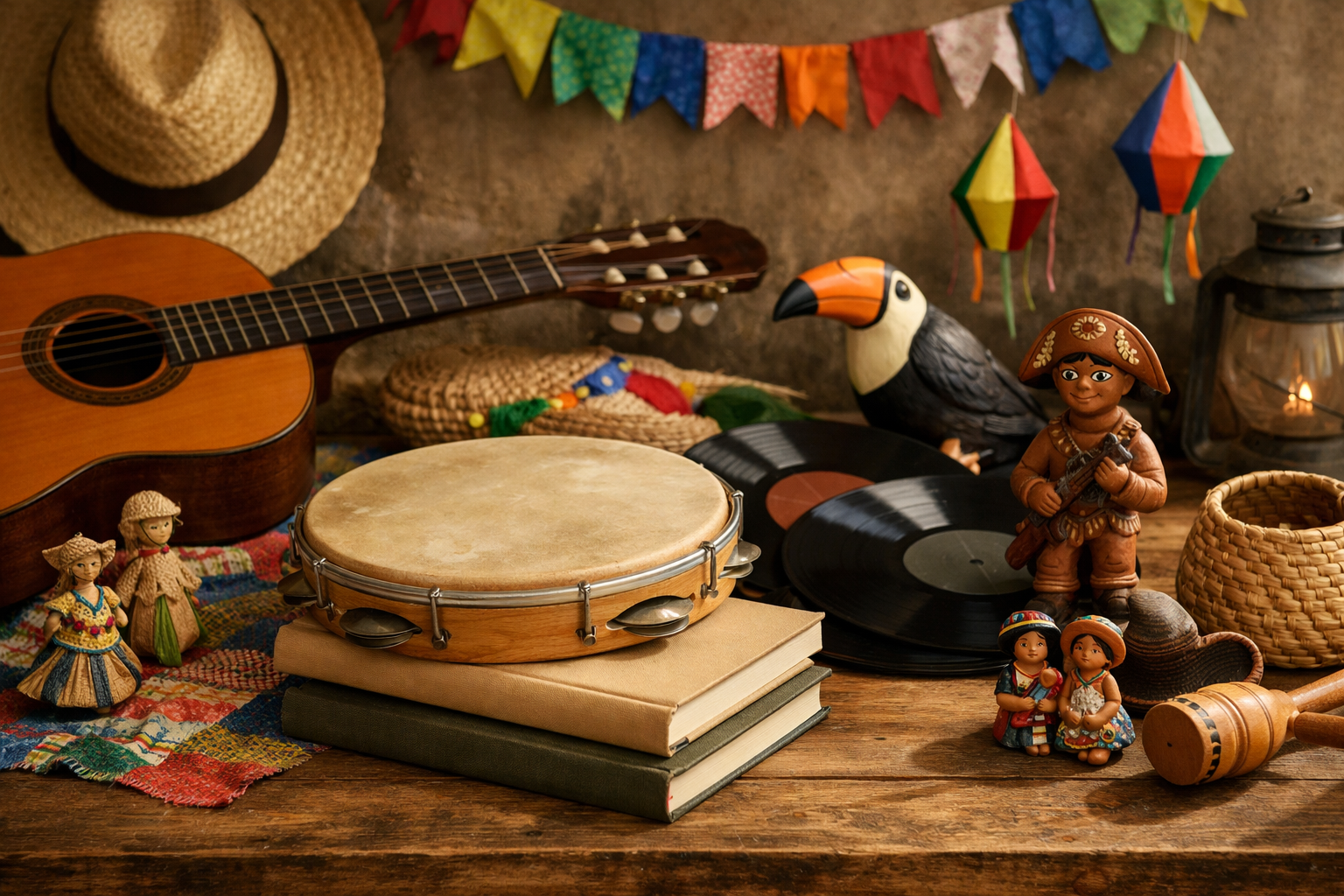 Instrumentos, discos, livros e artesanato da cultura brasileira