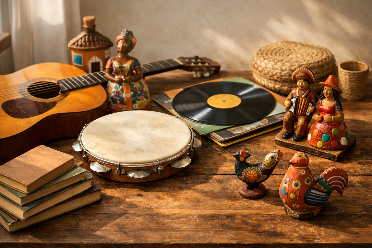 Instrumentos, discos e livros ligados à cultura brasileira